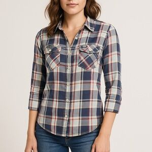 Superdry Women’s Plaid Button Up Shirt Small Red Blue Checked 3/4 Sleeve